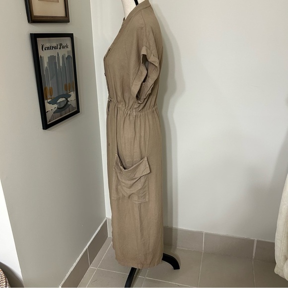 Zara Tan Linen Midi Dress with Dolman Sleeves and Mandarin Collar - Picture 3 of 8